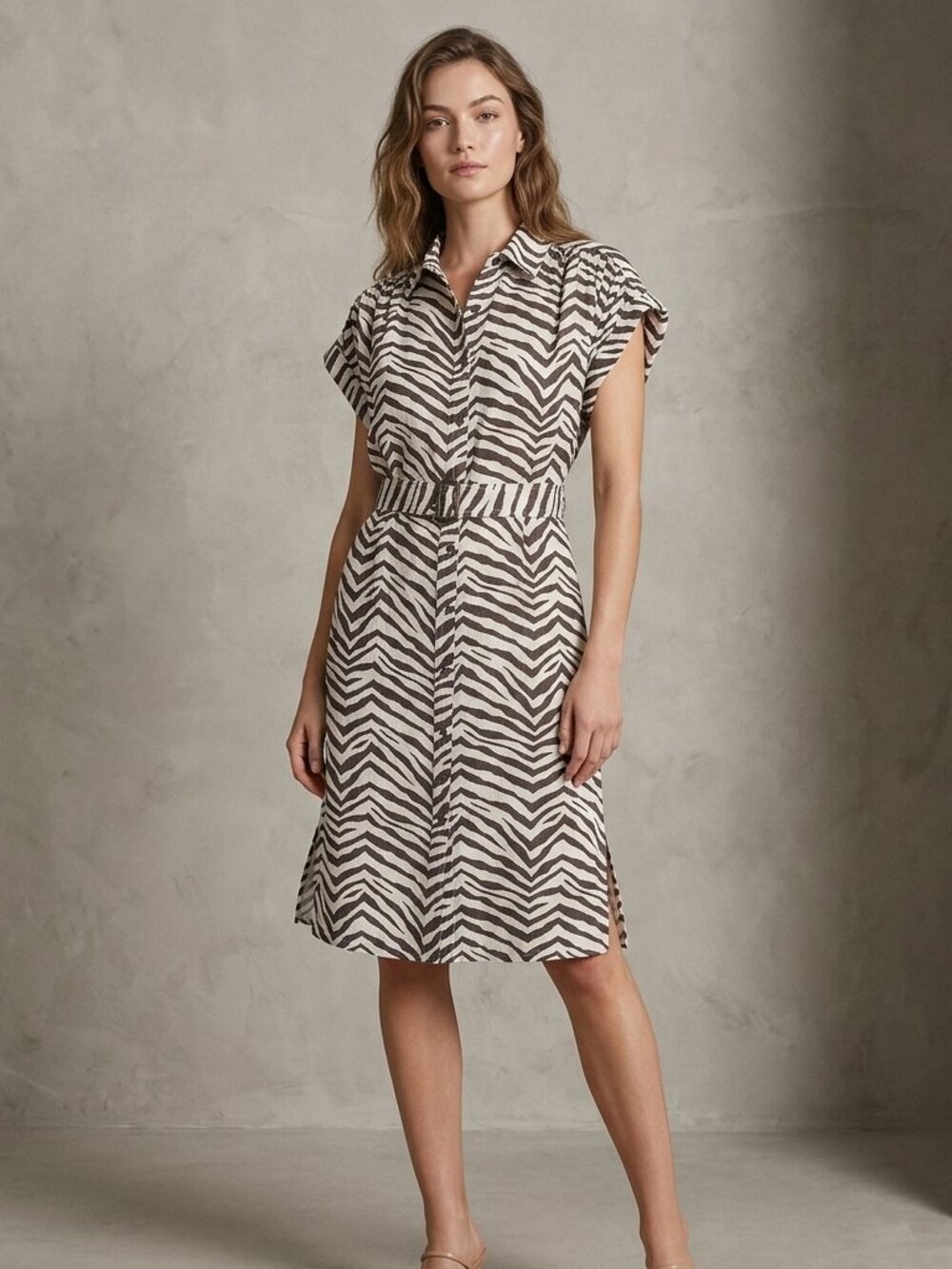 Tahari Linen Zebra Print Shirt Dress Short Sleeve Belt in Cream Brown